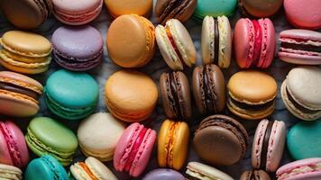 A colorful assortment of macarons displayed on a surface. photo
