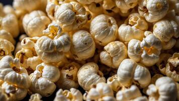 A close-up view of fluffy popcorn kernels, ideal for snacking or movie time. photo
