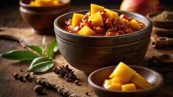 A rustic display of mango chutney with diced mango, spices, and bowls on a wooden surface. photo