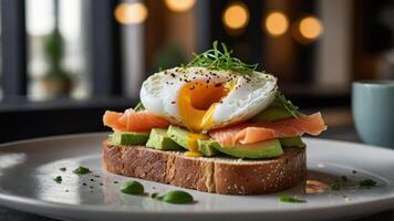 A delicious open-faced sandwich featuring avocado, smoked salmon, and a poached egg. photo