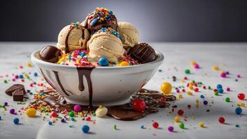 A vibrant bowl of ice cream topped with chocolate, candies, and colorful sprinkles. photo