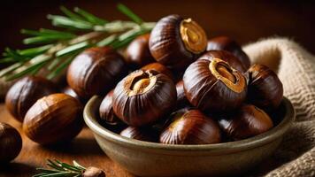 A bowl of roasted chestnuts with herbs on a rustic table. photo