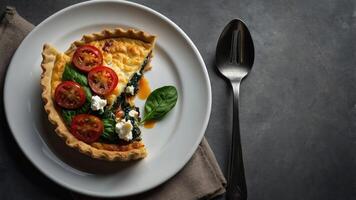 A slice of savory quiche with tomatoes and spinach on a plate, ready to be enjoyed. photo