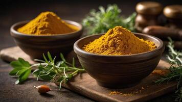 A rustic display of turmeric powder in bowls, surrounded by herbs on a wooden surface. photo