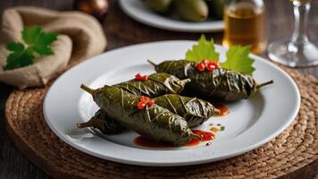 A plate of stuffed grape leaves garnished with chili and served with sauce. photo