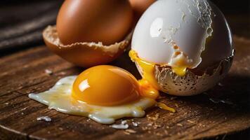 A close-up of cracked eggs on a wooden surface, showcasing their yolk and whites. photo