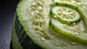 A close-up of a sliced cucumber showcasing its texture and seeds. photo
