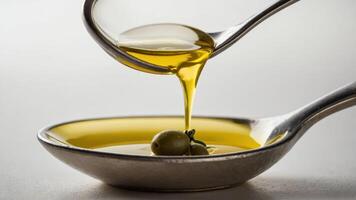 Olive oil being poured from a spoon into a dish, showcasing its rich color and texture. photo