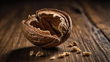 A cracked walnut shell with scattered pieces on a wooden surface, highlighting natural textures. photo