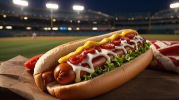 A delicious hot dog topped with condiments, set against a baseball stadium backdrop. photo