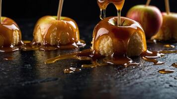 Caramel-coated apples on sticks with syrup drizzling, set against a dark background. photo