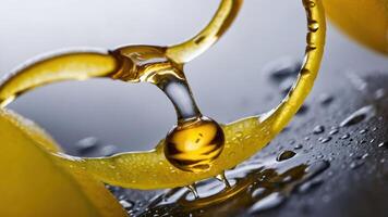 A close-up of a droplet of oil suspended on a curved surface, highlighting texture and clarity. photo
