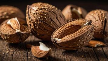 A close-up of cracked nut shells and whole nuts on a wooden surface. photo