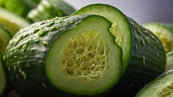 A close-up of a cut cucumber showcasing its inner texture and seeds. photo