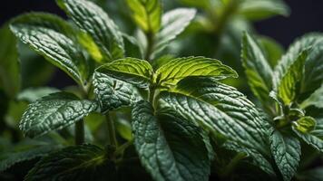 Close-up of vibrant green mint leaves, showcasing their texture and freshness. photo