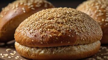 Three sesame seed-topped burger buns on a wooden surface. photo