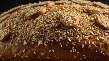 A close-up of a sesame-seeded bread topped with round, cookie-like pieces. photo