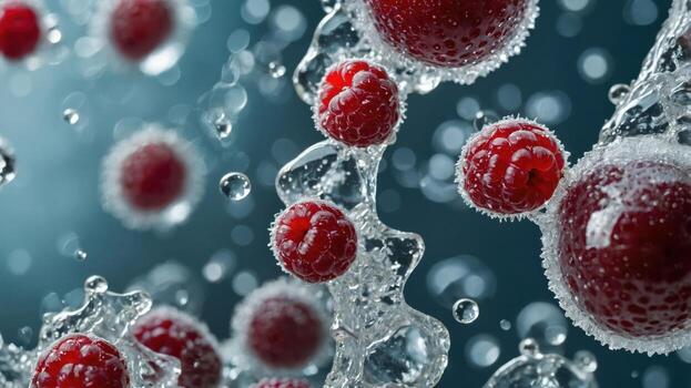 Fresh raspberries splashing in water, creating a dynamic and refreshing visual effect. photo
