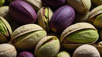 A close-up of pistachio nuts, showcasing their unique colors and textures. photo