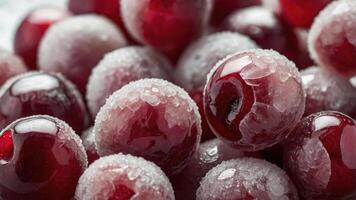 Close-up of frosted red cranberries, showcasing their texture and color. photo