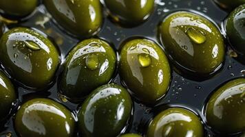 Close-up of green olives in oil, showcasing their texture and sheen. photo