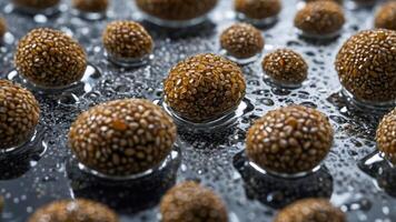 Close-up of glossy, spherical objects resembling sesame seeds on a reflective surface. photo