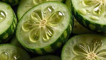 Close-up of sliced cucumbers displaying their juicy, textured interior and vibrant colors. photo