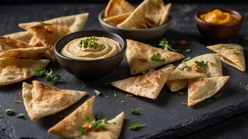 A platter of triangular flatbreads with dips and garnishes, perfect for sharing. photo