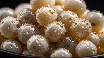 Close-up of translucent, bead-like spheres with droplets, resembling caviar or tapioca pearls. photo