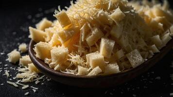 A close-up of grated and cubed cheese on a wooden plate, highlighting its texture and form. photo