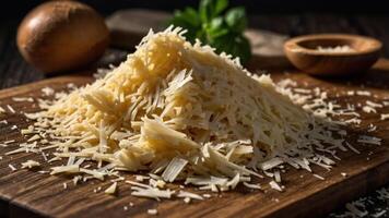A pile of grated cheese on a wooden board, with herbs and an onion in the background. photo