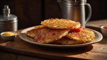 A plate of crispy hash browns garnished with herbs and served with condiments. photo