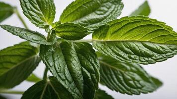 Close-up of fresh mint leaves with a vibrant green color and water droplets. photo