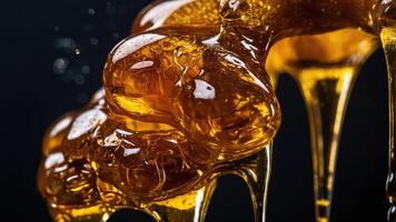 Close-up of golden honey dripping with bubbles against a dark background. photo