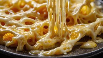Close-up of gooey, melted cheese with a stringy texture, showcasing its appetizing quality. photo