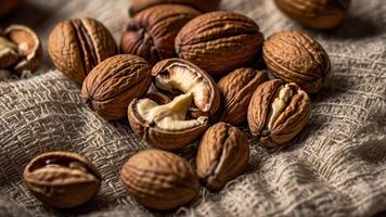 A close-up of pecans on a textured surface, showcasing their natural beauty and texture. photo