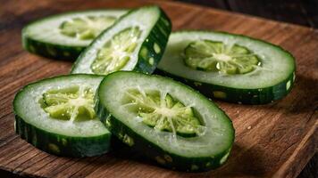 Fresh cucumber slices arranged on a wooden cutting board. photo