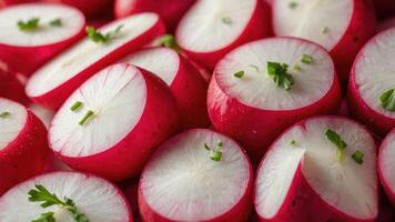 Freshly sliced radishes garnished with herbs, showcasing vibrant colors and textures. photo