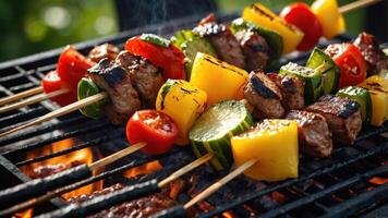Grilled skewers with meat and vegetables on a barbecue, showcasing summer cooking. photo