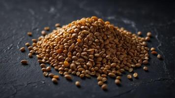 A close-up of a pile of sesame seeds on a dark surface, highlighting their texture and color. photo