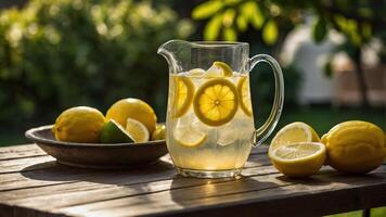 A refreshing pitcher of lemonade with lemon slices, surrounded by fresh lemons on a wooden table. photo