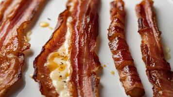 Crispy bacon strips arranged on a plate, showcasing texture and color. photo