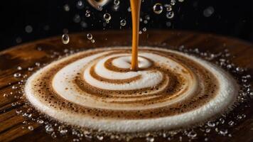 A close-up of coffee being poured into frothy milk, creating a beautiful swirl pattern. photo