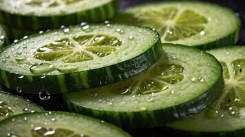 Close-up of sliced cucumbers with droplets, showcasing freshness and hydration. photo