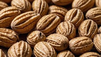 A close-up view of brown, textured seeds resembling nuts, showcasing their natural patterns. photo