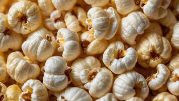 Close-up of popped popcorn kernels arranged closely together. photo