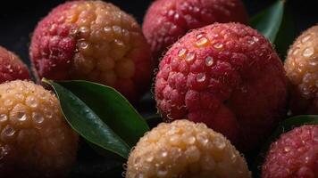 Close-up of fresh lychee fruits with droplets and green leaves on a dark background. photo