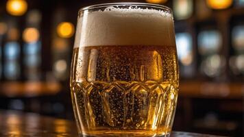 A close-up of a frothy beer in a textured glass, set against a warm, blurred background. photo