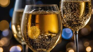 A close-up of sparkling drinks in elegant glasses, highlighting bubbles and a slice of lemon. photo