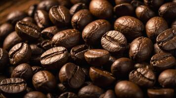 Close-up of roasted coffee beans showcasing their rich texture and color. photo